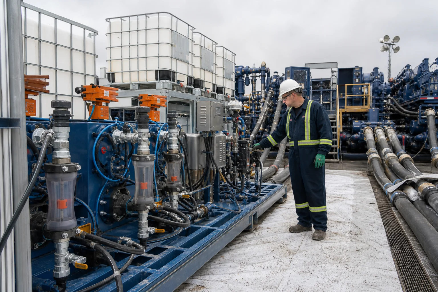 Metering pumps and additive dosing equipment beside a hydraulic fracturing blender
