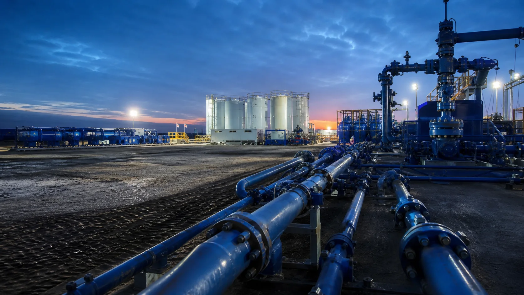 High-pressure surface piping and pumping equipment at a hydraulic fracturing site